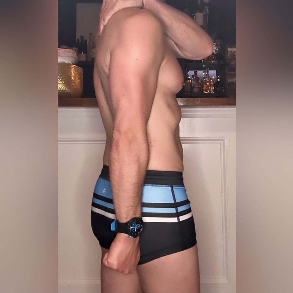 Cassis Square Cut Swim Trunks in Blue, Black & White (Medium / 30-32" Waist) - Picture 12 of 13